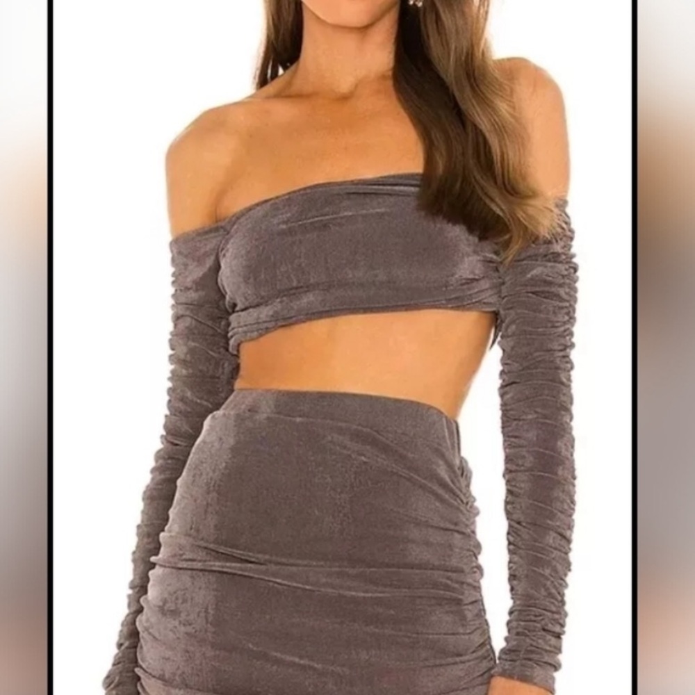 Michael Costello x REVOLVE Jayce Crop Top Light Grey Ruched Long Sleeve